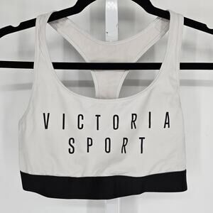 Victorias Secret Womens Sz M Racerback Sports Bra White w/ Black Spellout